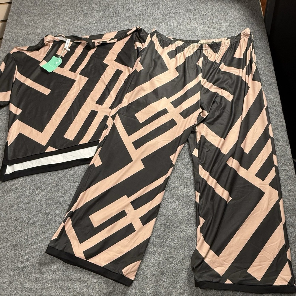 Mintreus Black/Tan Geometric Pajama Set 2X NWT Wide Leg Pant Short Sleeve Lounge
